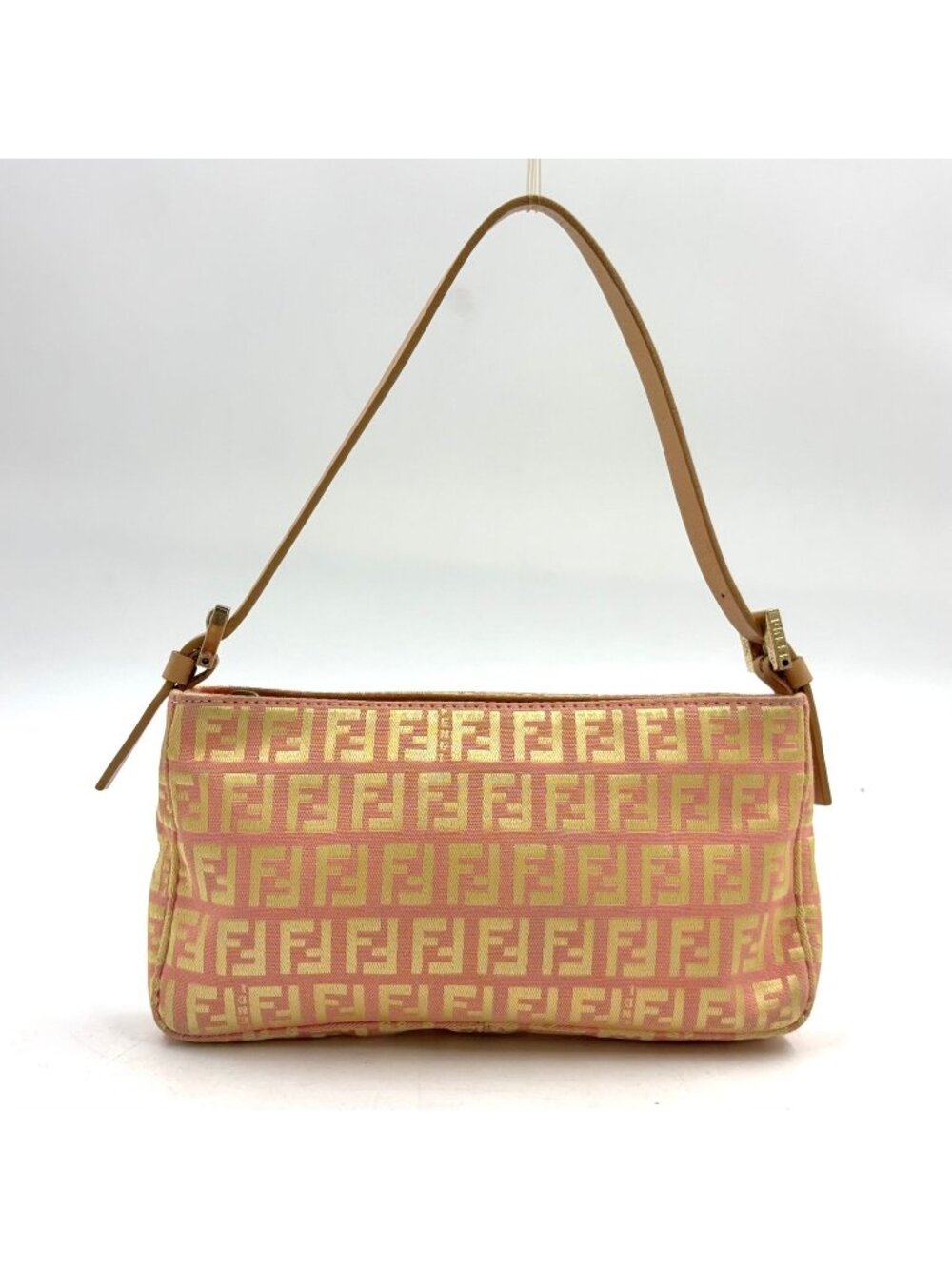 Fendi Zucchino Pattern Leather Canvas Pink Light Handbag Gold